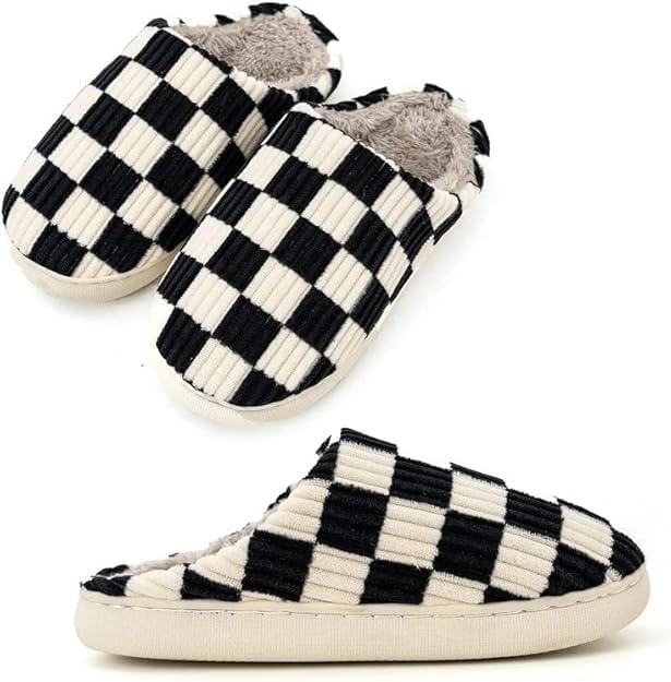kissxiaoya Unisex House Slippers, Plaid Scuff Slides, Womens Cozy Memory Foam Slipper, Slip on Warm Checkered Shoes Indoor Outdoor with Anti-slip sole (Black, 9.5-10.5) - Image 5