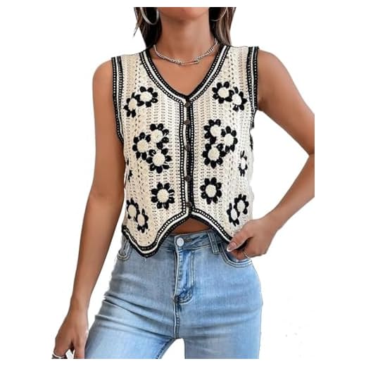Verdusa Women's Button Front V Neck Sleeveless Floral Pattern Knit Sweater Vest Flower Beige L