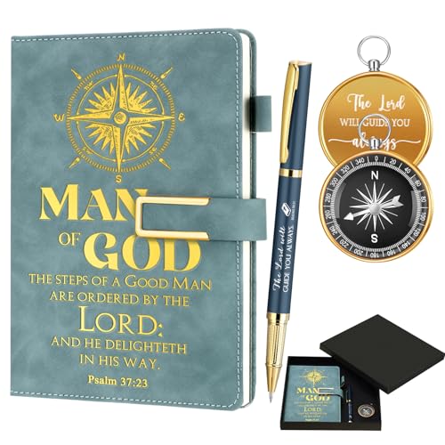 Fuyoooo 4 Pcs Pastor Gifts for Men Includes Man of God Pastor Leather Journal Notebook Christian Pen Religious Compass with Presentation Box Dad Priests Ministers Gifts(Blue)