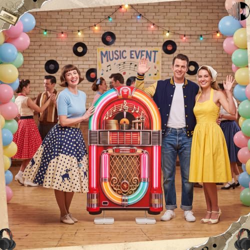 Image of Qunclay 4.5ft Box Cardboard Cutout 1950s Party Decoration Life Size Retro Rock and Roll Photo Booth Prop Stand up 3D Display Backdrop Retro Music Decor for 50s Sock Hop Birthday Party