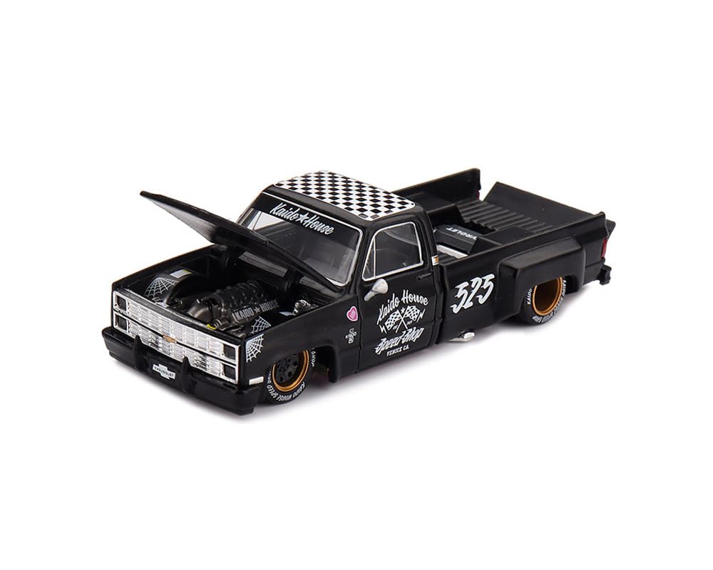 MINI GT Dually Pickup Truck Hot Rod V1 Matt Black with Checkered Top and Graphics (Designed by Jun Imai) Kaido House Special 1/64 Diecast Model Car KHMG236