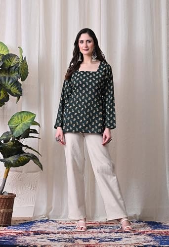 Image of MEERA FAB Women's Floral Printed Cotton Short Kurta Square Neck | Floral Printed Kurta with Full Sleeves | Short Kurti for Women