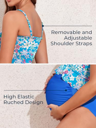 Image of Summer Mae Maternity High Waist Swimsuit Ruffle Hem Bikini Bathing Suit Shirred Bandeau Two Piece Pregnancy Swimwear Blue Flowers X-Large
