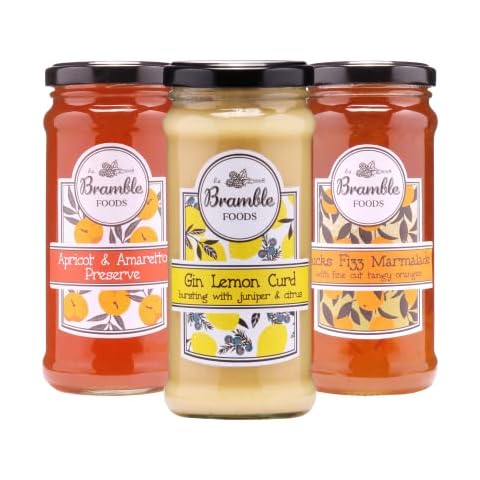 Bramble Foods Pack of 3 Festive Jam Preserves Gift Set - Includes Gin Lemon Curd, Apricot & Amaretto Preserve and Bucks Fizz Marmalade - Lovely Christmas Gift or Secret Santa Present Cover