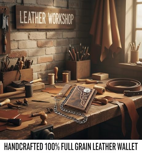 Image of F&L CLASSIC RFID Blocking Men's Tri-fold Vintage Biker Cowhide Leather Steel Chain Wallet,Snap closure, brown, western style,315-82