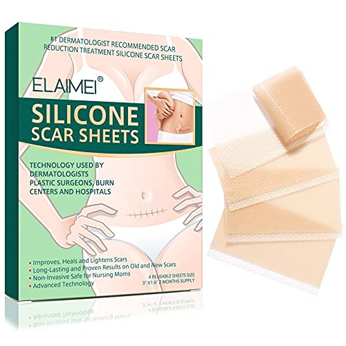 Silicone Strips Scar Removal Sheets, Tummy Tuck Breast Reduction Scars Removal Gel Strip for C-Section, Surgery, Burns, Injuries Acne, Stretch Marks Patch Away Tapes 3"Ã—1.6", 4 Sheets