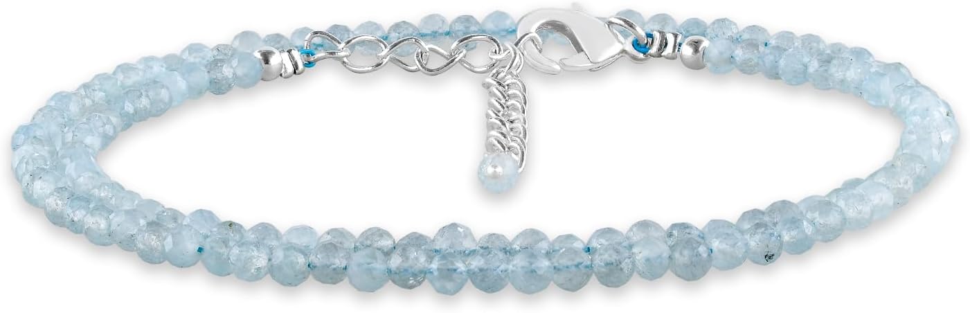 YANARA Natural Gemstone Choker Necklace For Women Gemstone Full Micro Beads Dainty Jewelry for her, March Birthstone, Energy Healing Crystals, Silver Plated Chain 18 inch