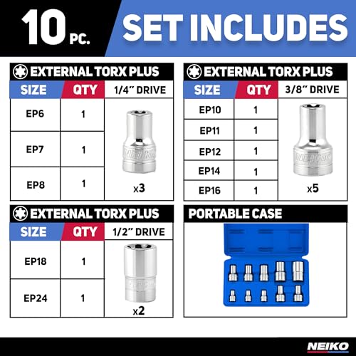 image for Neiko 02473A External Torx Plus Socket Set,10 Piece | 1/4-Inch EP6 - E