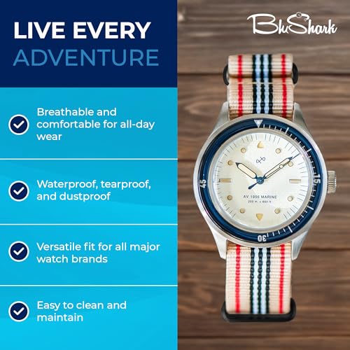 Image of BluShark - Original Collection Military-Style Waterproof Watch Strap, Fits All Timepiece Brands, Durable Nylon Wristwatch Accessories with Stainless Steel Buckle - 18mm, 20mm, 22mm & 24mm Watch Bands