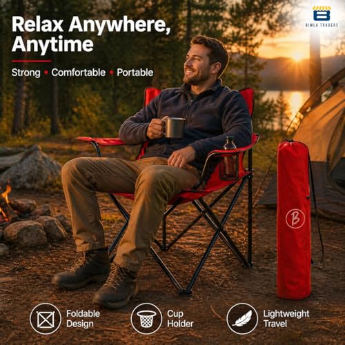 Image of BTAG Foldable Camping Chair with Armrest & Cup Holder, Portable Outdoor Chair with Carry Bag for Camping, Picnic, Fishing & Travel - RED