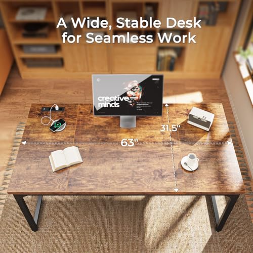 Huuger 63 x 31.5 inch Desk with Power Outlets & USB-C, 1.2 Inch Thicker Desktop, Robust Metal Tubes, Deep Computer Desk, Heavy Duty Office Desk, for Home Office, Rustic Brown