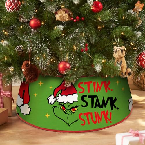 Auirre Green Christmas Tree Skirt Collar, Stink Stank Stunk Mini Fabric Tree Ring 22 Inch Diameter for Small Xmas Tree 3-6 Ft, Funny Miniature Tree Stand Cover Tiny Home Holiday Party Decoration