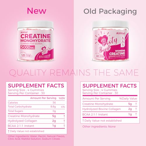 AiVital™ Creatine Gummies for Women, 5000mg Creatine Monohydrate for Women+2000mg Collagen+1000mg BCAAs, Supports Lean Muscles & Booty, No Sugar, 30 Serving, 120 Counts, Berry Flavor,