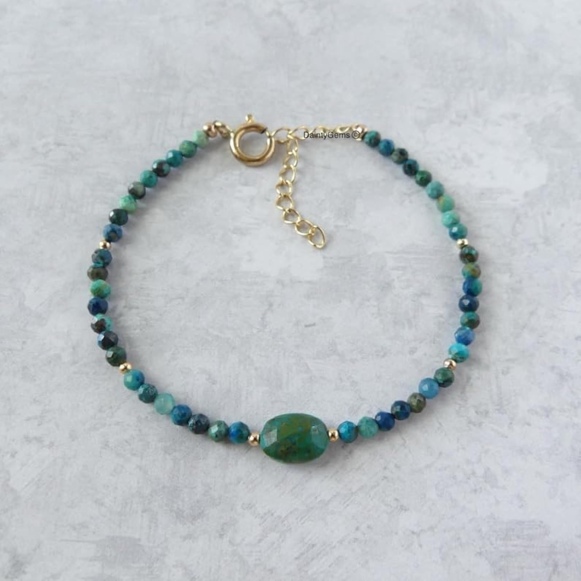Chrysocolla Round Beaded Bracelet, Adjustable Rose Gold Lock