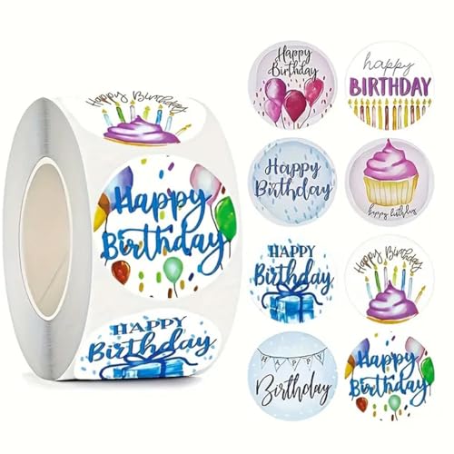 500 PCS Happy Birthday Roll Stickers 8 Styles Waterproof Vinyl Birthday Party Decals for Gift Wrapping Envelope Decor Trendy Stickers for Teens Adults Boys and Girls(Birthday)