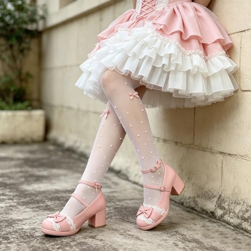 Image of MEOTINA Cute Bow Heels Mary Janes Shoes Women Dress Platform Strappy High Heels Kawaii Shoes