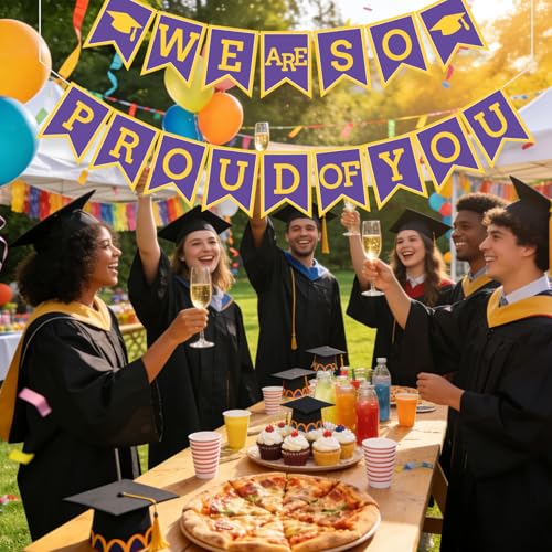Image of Purple Yellow We Are So Proud Of You Banner Congrats Grad Cap Bunting Flag Grad Party Decoration Idea