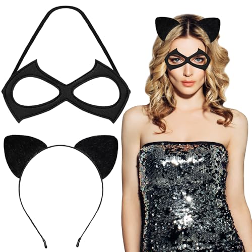 YUSHWENPTY Acessórios para orelhas de gato fantasia, 2 peças diadema orelhas gato e máscara, Cat Ears Headband, máscara preta para acessórios disfarces Halloween, carnaval, cosplay