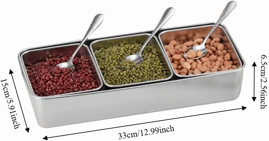 Stainless Steel Condiment Pots 3 Compartment, Spice Storage Box with Lid and 3Pcs Spoons for Salt, Sugar, Peppers 12.99x5.91x2.56 In