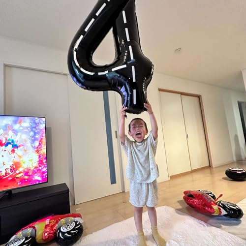 Image of Race Car 4 Balloon, Number Balloons 40 Inch, 4th Black Party Decorations, Racecar Birthday Decorations Four Large Numbers for Party Decor, Number 4 Balloon