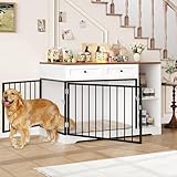FirFurd Hundekäfig Möbel 120cm breit Hundebox für Zuhause Hundehütte Hundezwinger Hundekäfig aus Metall und Holz Hundebox mit 2 Schubladen 120 x 87 x 60 cm Braun & Weiß