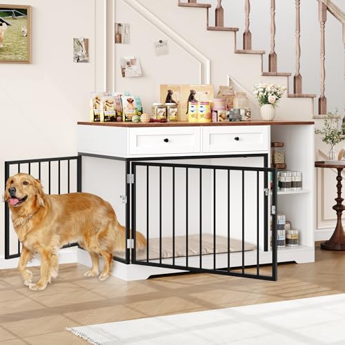 FirFurd Hundekäfig Möbel 120cm breit Hundebox für Zuhause Hundehütte Hundezwinger Hundekäfig aus Metall und Holz Hundebox mit 2 Schubladen 120 x 87 x 60 cm Braun & Weiß