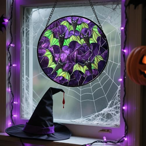 Image of Stained Glass Window Hanging - Halloween Decorations Black Bat with Green Wings Suncatcher for Doors Garden Indoor Spooky Sun Catchers Gothic Decor Horror Gifts for Women Men Friend 9.8 in