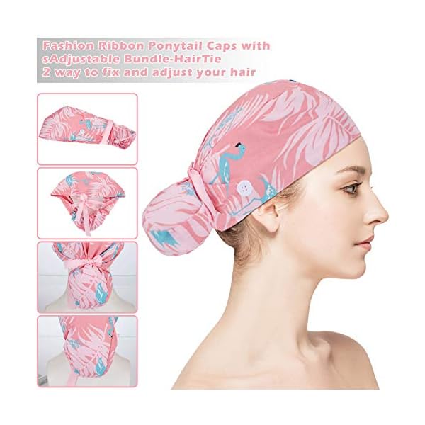 6-Pieces-Scrub-Caps-with-Buttons-Ponytail-Holder-and-Sweatband-Adjustable-Ribbon-Tie-Ponytail-Hats-Bouffant-Turban-Hats-Colorful-Printed-Beanie-Long-Hair-Covers-for-Women 6 Pcs Scrub Caps Women Nursing Hats with Buttons Adjustable Bouffant Nurse Ponytail Holder Turban Patterns