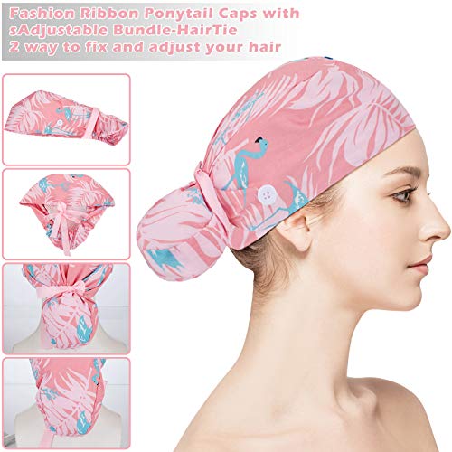 Image of Honoson 6 Pcs Scrub Caps Women with Buttons | Adjustable, Bouffant Surgical Caps, with Ponytail Holder, Cotton Nurse Hats