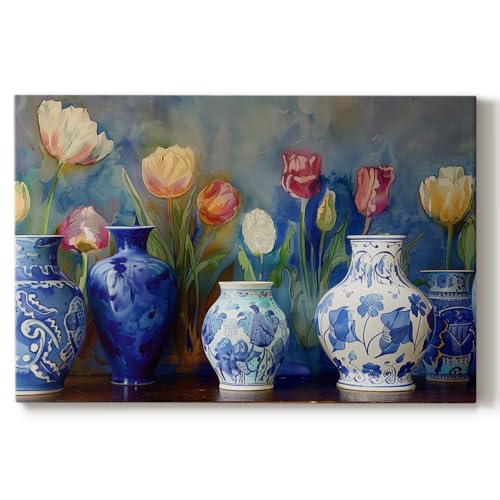 Renditions Gallery Abstract Home Decor Floral Background Blue & White Chinese Pots Canvas Wall Hangings for Bedroom Lounge Office - 8"x12" LT570