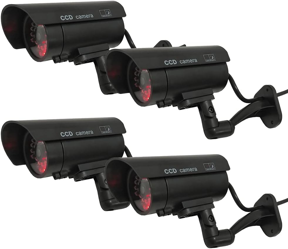 Dummy Security Camera Bullet Fake CCTV Surveillance System Indoor Outdoor with Realistic Simulated LEDs Flashing Lights and Warning Sticker Decals (4 Pack)