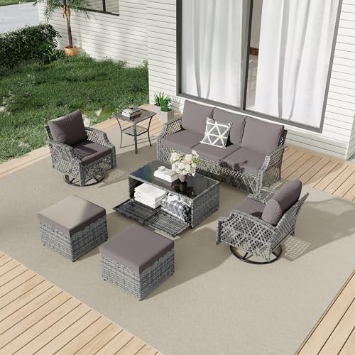 HOMREST 7 Piece Patio Furniture Set, Wicker Outdoor Conversation Set with Swivel Chairs, 2 Ottomans, Storage Coffee Table, Rattan Outdoor Sectional Sofa for Deck Backyard Porch （7 Seats, Gray）