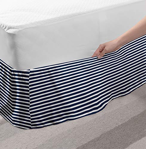 Ambesonne Blue And White Bed Skirt, Yacht Navy Marine Themed Rope Stripe Pattern On Blue Toned Background, Elastic Bedskirt Dust Ruffle Wrap Around For Bedding Decor, King, White Blue #TOP2