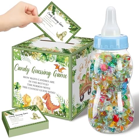 Glenmal 52 Pcs Baby Shower Games Gift Sets Large Baby Bottle for Shower Game Guess How Many Candies Baby Shower Decorations for Baby Shower favors Games Gender Reveal(Dinosaur Style) Cover