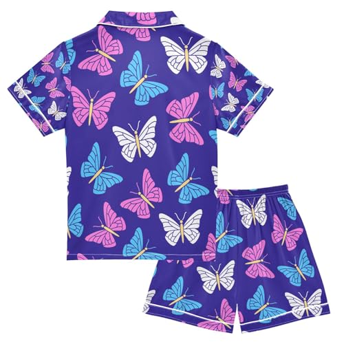 senya Butterflies Blue Satin Summer Pajama Sets Silk Short Sleeve Button Down Sleepwear2