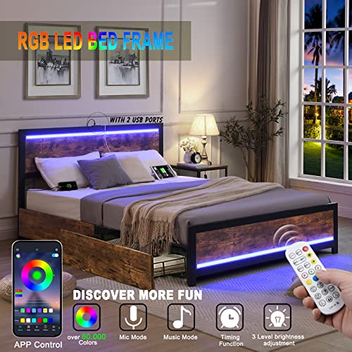 Feabed Queen Bed Frame With Storage Headboard And 4 Drawers, Metal Platform Storage Bed, Led Bed Frame With Charging Station, Rustic Wood Platform Bed With Storage, Easy Assemble, No Need Box Spring #TOP5