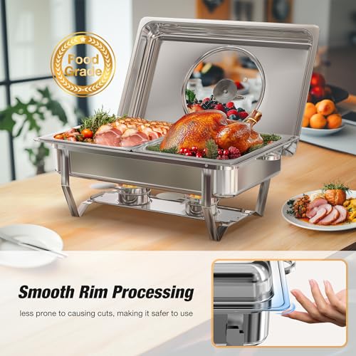 WARMOUNTS Rectangular Chafing Dishes for Buffet with Glass Lid (9QT, 2Pack) - Food-Grade Stainless Steel, Rolled Rim, Foldable Frame, Lid Holder, Large Chafers and Buffet Warmers Sets for Parties - Thumbnail 3