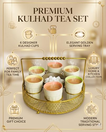 Image of Cutting Chai Glasses with Metal Holder Stand, Ceramic Glasses with Sugar Bowl for Serving Tea, Coffee, Lassi - 23 CM Diameter