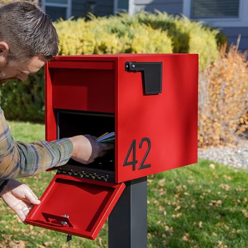 Image of Adoorn Lockable Post Mount Mailboxes for Outside - Large Anti-Theft Locking Mailbox for Packages and Letters - Weatherproof Construction - Durable Steel - 15.5 inch H x 12 inch W x 18.5 inch D - Red
