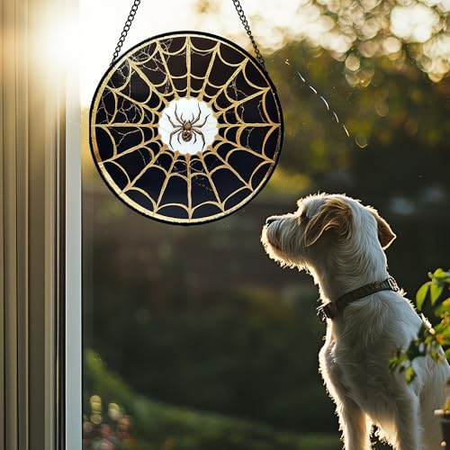Image of Stained Glass Window Hanging - Black Gold Spider Suncatcher for Door Terrace Garden Home Decor Halloween Sun Catcher Christmas Birthday Gifts for Lovers Women Men Dad Mom Nana 15 in