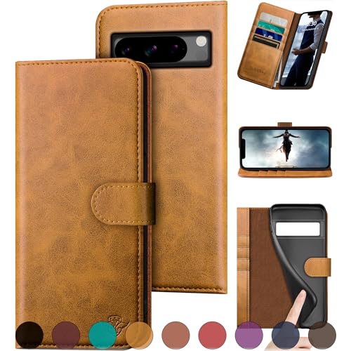 DuckSky for Google Pixel 8 Pro Genuine Leather Wallet case ?RFID Blocking??4 Credit Card Holder??Real Leather? Flip Folio Book Phone case Protective Cover Women Men for Pixel 8Pro case Khaki