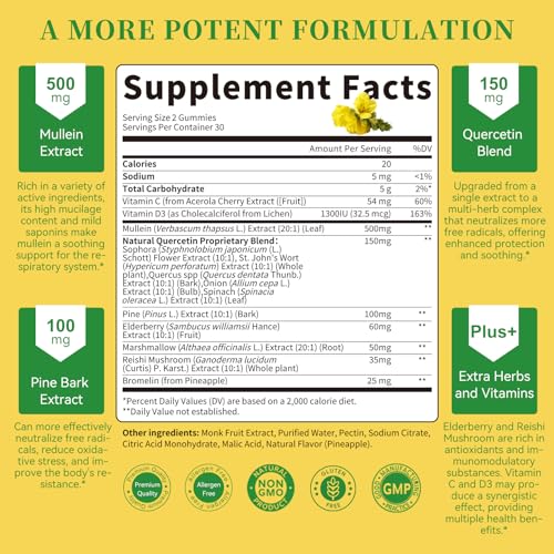 Image of (2 Pack) Mullein Gummies for Lung Cleanse & Lymphatic Drainage* -120 Count | Extra Strength Mullein Leaf Extract w /Quercetin, Elderberry & Marshmallow for Respiratory & Immunity - for Women & Men-Vegan