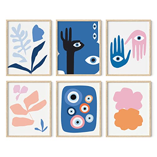 HAUS AND HUES Gallery Wall Art Set of 6 - Vintage, Abstract, Boho, Nature, Coastal and Aesthetic Posters for Room Decor (Evil Eye, 11x14, Beige Framed)