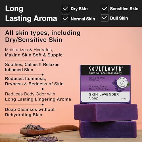 Image of Soulflower Lavender Handmade Soap Bar - Cold-Processed, 100% Natural & Vegan | Calms, Hydrates & Balances Skin | Pure Lavender Essential Oil + Coconut, Olive & Castor Oils | 150 g