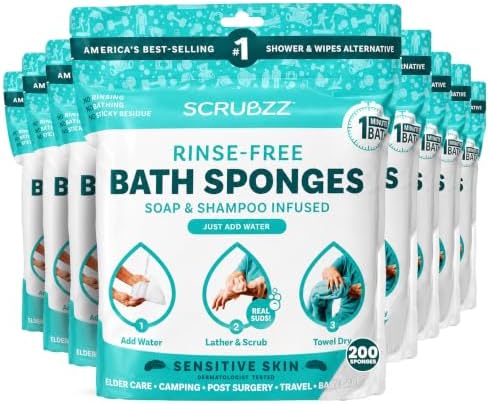 Scrubzz Disposable No Rinse Bathing Wipes for Sensitive Skin - All-in-1 Single Use Shower Wipes, Simply Dampen, Lather, and Dry Without Shampoo or Rinsing (Sensitive Skin, 8-Pack)