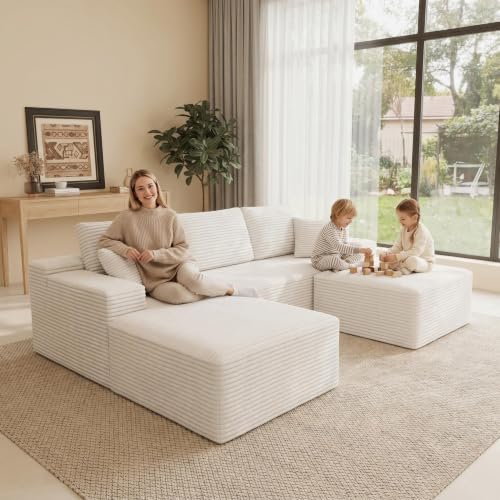 Image of 104 inch U-Shaped Modular Sectional Sofa, Corduroy Boneless Couch, White | Cloud Luxury Comfort, Oversized Sofa, Deep Seat, Couches for Living Room, No Assembly Required