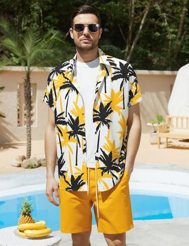 Image of Yimoon Men's Summer 2 Piece Outfits Tropical Print Short Sleeve Button Down Hawaiian Beach Shirt and Shorts Set