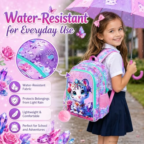 Image of 16 inch Girls Backpack, 16 inch Kids Bookbag with Lunch Box，Tiger School Backpacks for Elementary Preschool Kindergarten (Pink)