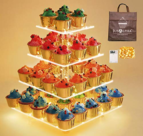 Jusalpha 4 Tier Square Cupcake Stand - Premium Cupcake Holder - Acrylic Cupcake