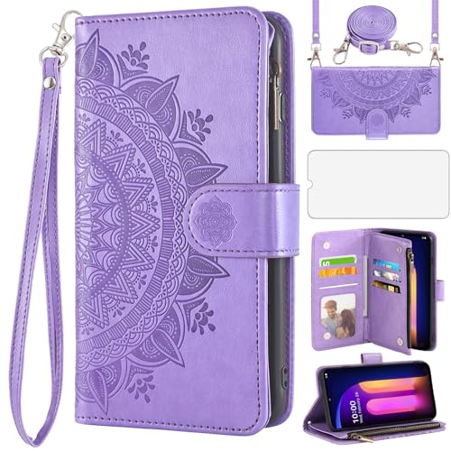 Asuwish Phone Case for LG V60 ThinQ V60ThinQ 5G G9 Thin Q Wallet Cell Cover with Screen Protector Lanyard Wrist Strap Mandala Flower Zipper Card Holder Slot LGV60 V 60 60ThinQ 60V Women Girls Purple